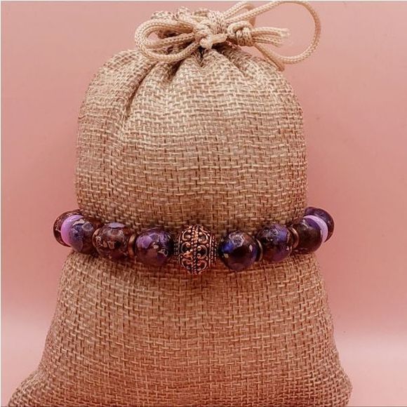 Purple Imperial Jasper, Morado Opal and Copper Beaded Bracelet - Picture 4 of 6